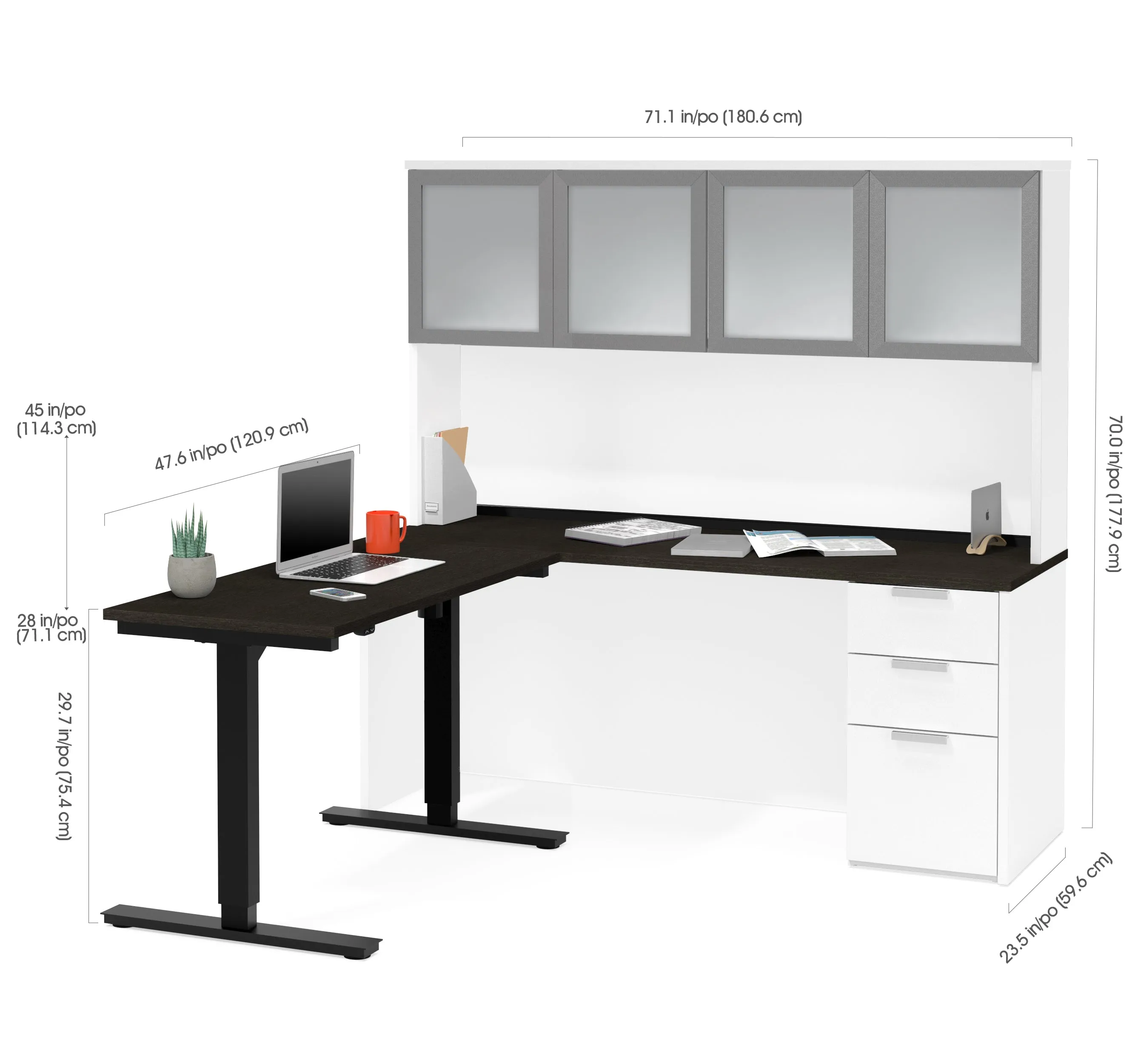 Modern L-shaped Deep Gray & White Height Adjustable Desk with Glass Door Hutch